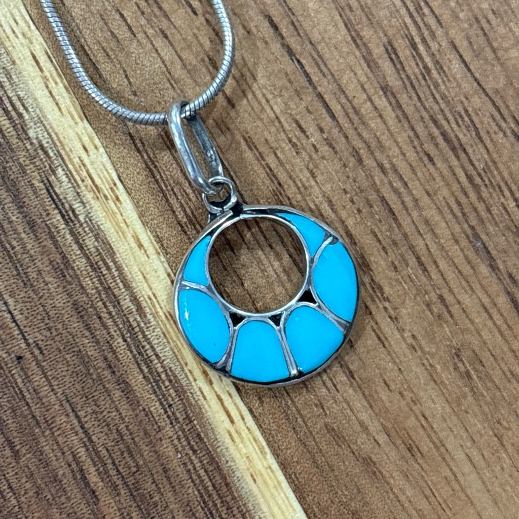Vtg Silver 925 Klm Marked Necklace,Signed Aa Zuni Turquoise Inlay Pendant Native